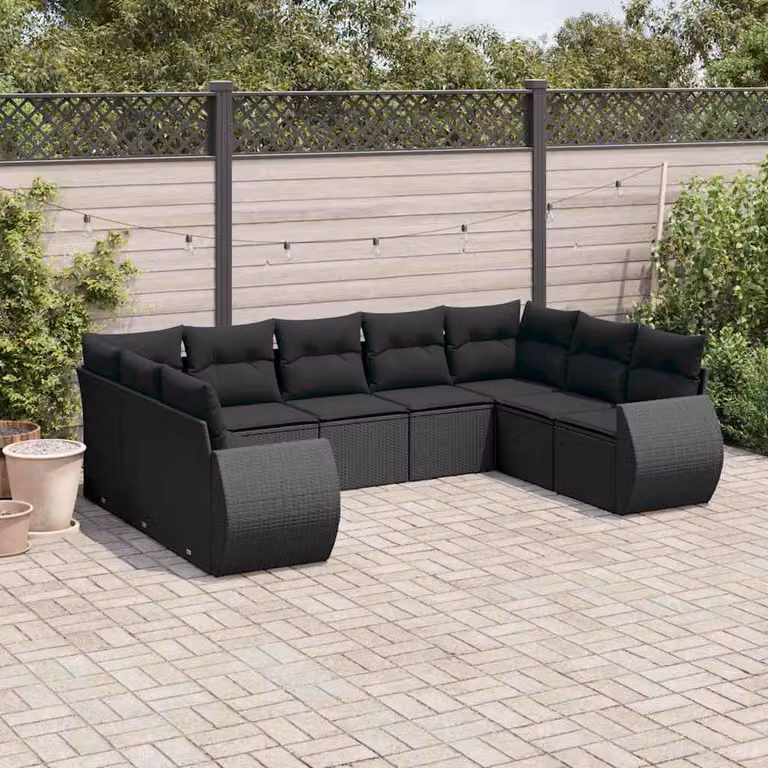 Set di divani da giardino vidaXL in polyrattan nero con cuscini, forma a U per esterno e terrazza
