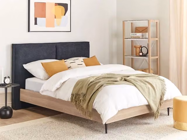 Letto matrimoniale BELIANI in tessuto grigio con testiera imbottita e base a doghe in legno, L/P: 140 x 200 cm