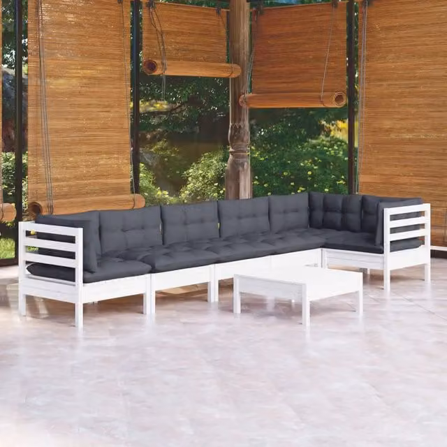 Set Divani da Giardino 7 pz con Cuscini Bianchi Legno di Pino 3096401