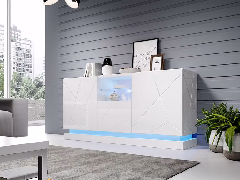 Cassettiera con ante e illuminazione a LED blu LIMA - bianco / bianco lucido
