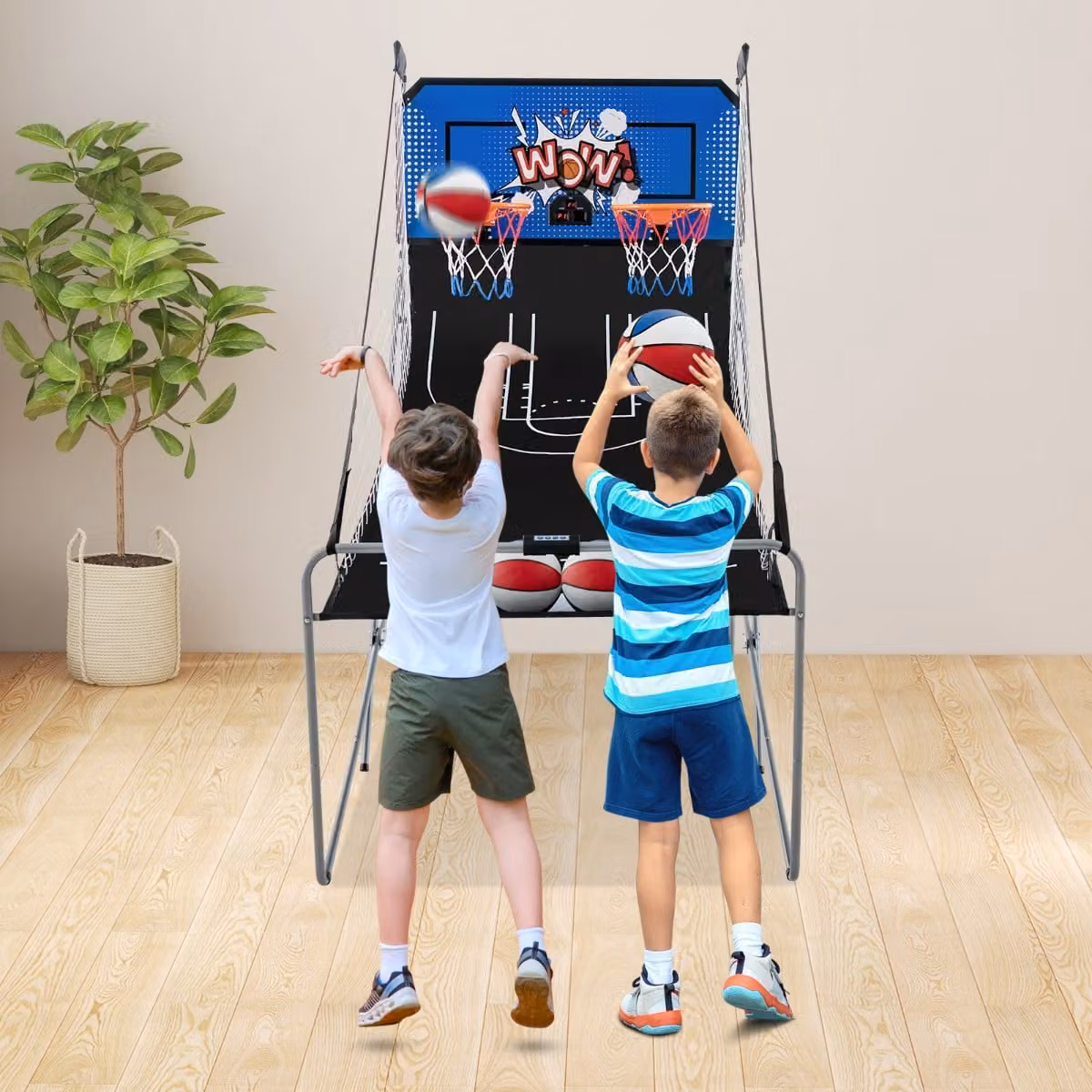 Costway Gioco arcade di pallacanestro a doppio tiro pieghevole con punteggio elettronico, Blu