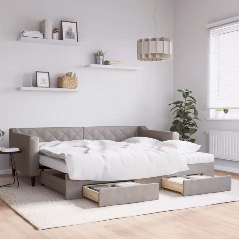 vidaXL Divano Letto Estraibile con Cassetti in Tessuto, Colore Beige o Grigio, L/P/H: 223 x 90 x 100 cm