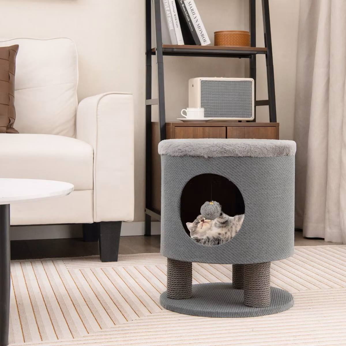 Sgabello nicchia per gatti Costway con pali tiragraffi e pallina di peluche, casetta multiuso per animali domestici, Grigio