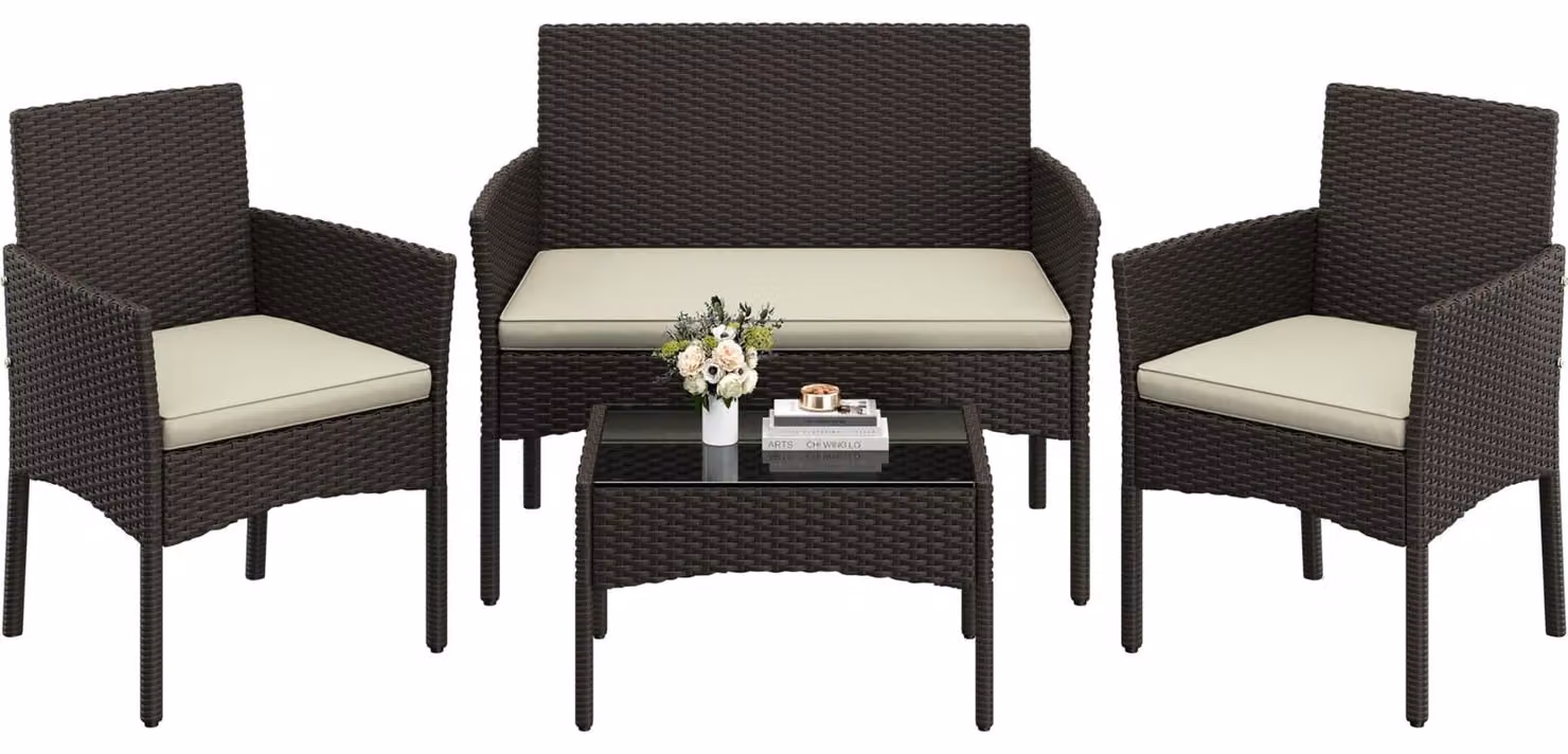 Set da giardino Polyrattan - Divano a due posti e 2 poltrone - 4 pezzi - Marrone e beige - Per giardino, balcone e terrazzo
