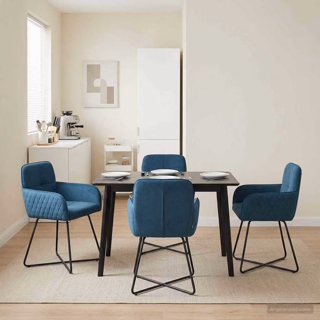 Set di 4 sedie da pranzo vidaXL in velluto blu con struttura in metallo, L: 59 cm, P: 56,5 cm, H: 86 cm