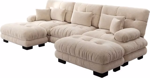 Divano angolare modulare a U Chicfurn con ottomana e cuscini coordinati in tessuto beige e marrone
