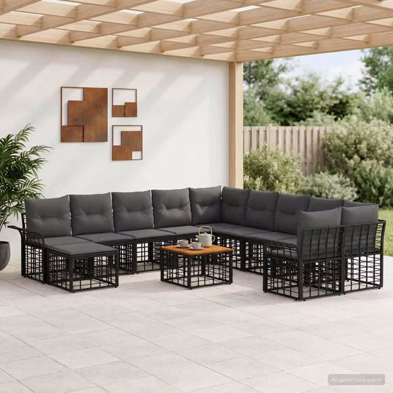 Set di divani da esterno vidaXL 12 pz a forma di U con tavolino e cuscini, Nero e Grigio scuro
