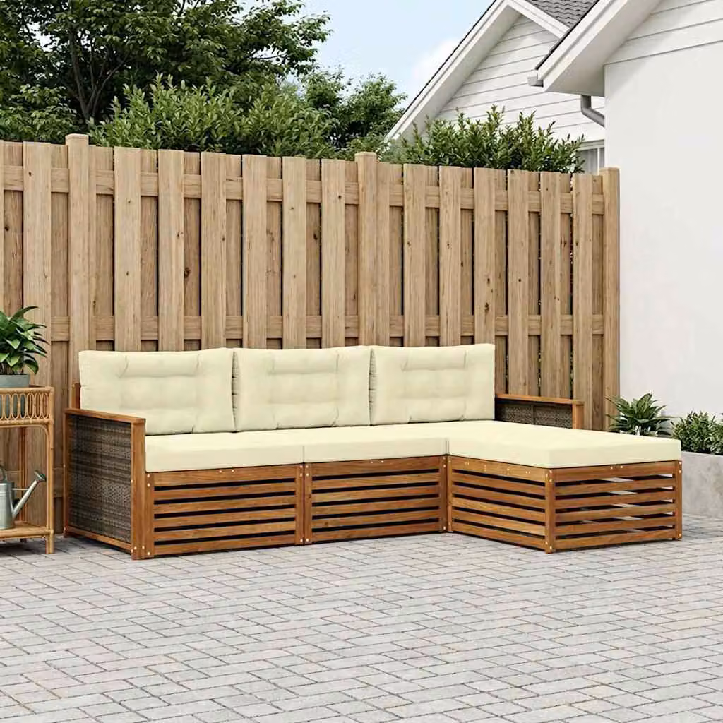 Set di divani da esterno vidaXL a forma di L in legno di acacia con pouf e cuscini, colore beige