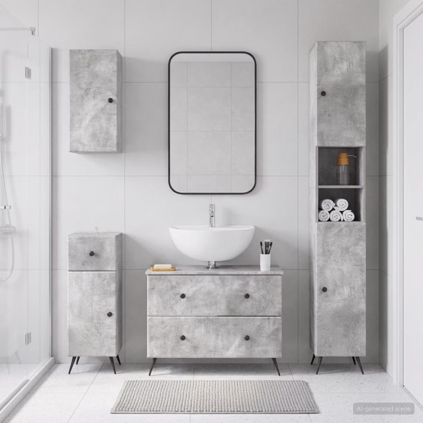 Set di mobili da bagno moderno vidaXL BREDA da 4 pezzi, colore grigio cemento, con mobile lavabo e pensili a muro