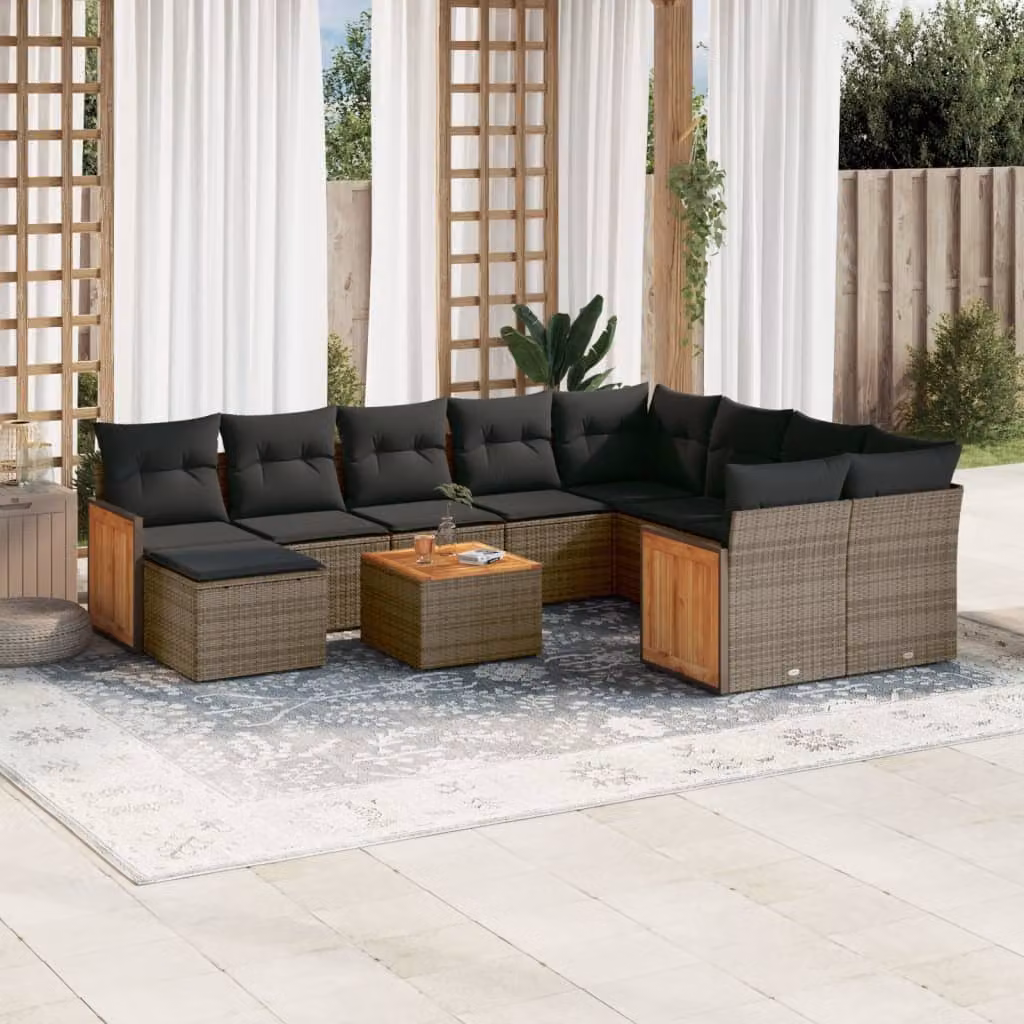 Set di divani da giardino vidaXL in polyrattan grigio con cuscini e tavolino da esterno 11 pz – 1