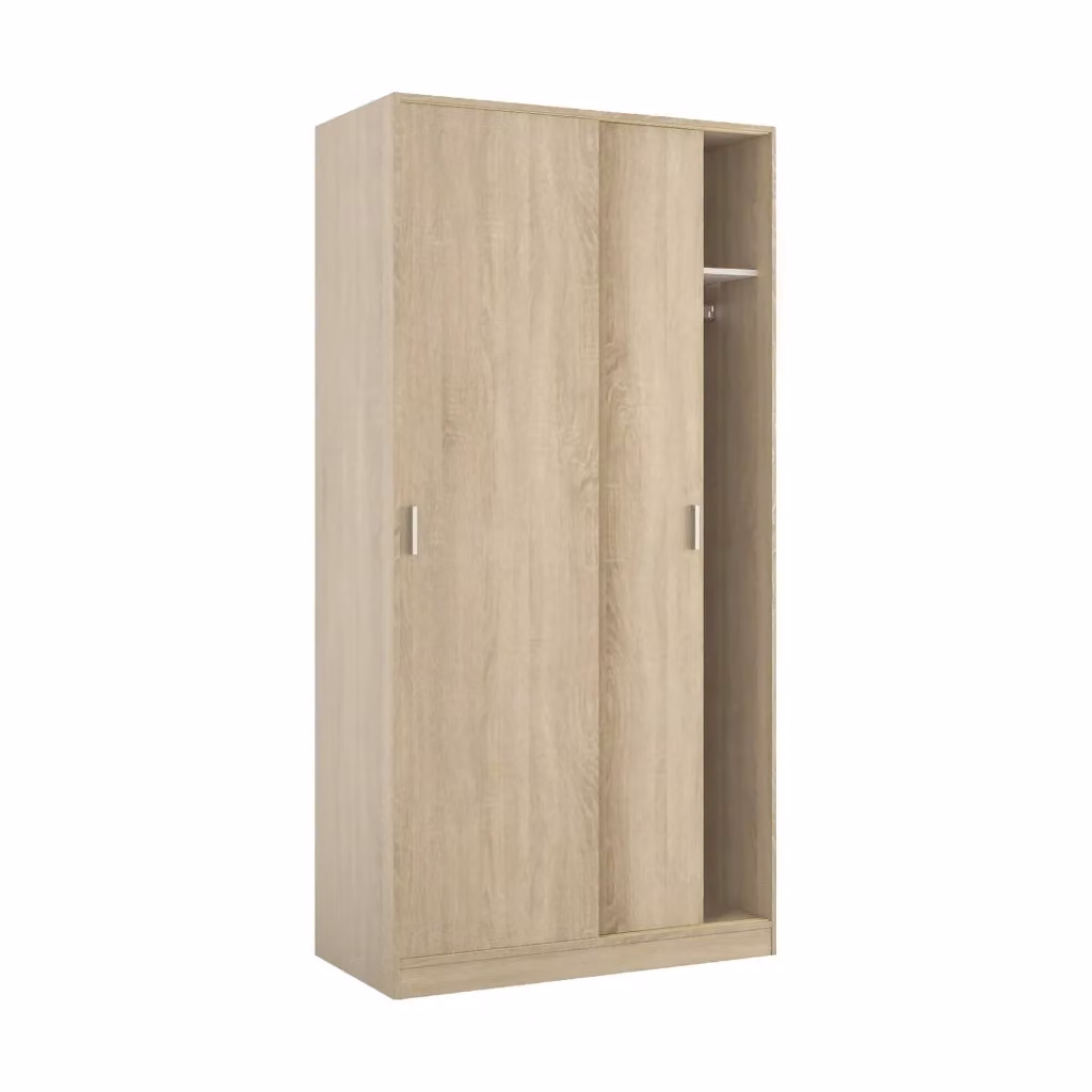 Armadio per camera da letto DMORA con 2 ante scorrevoli, ripiani interni e barra appendiabiti, Rovere, L: 100 cm, P: 50 cm, H: 200 cm – 2