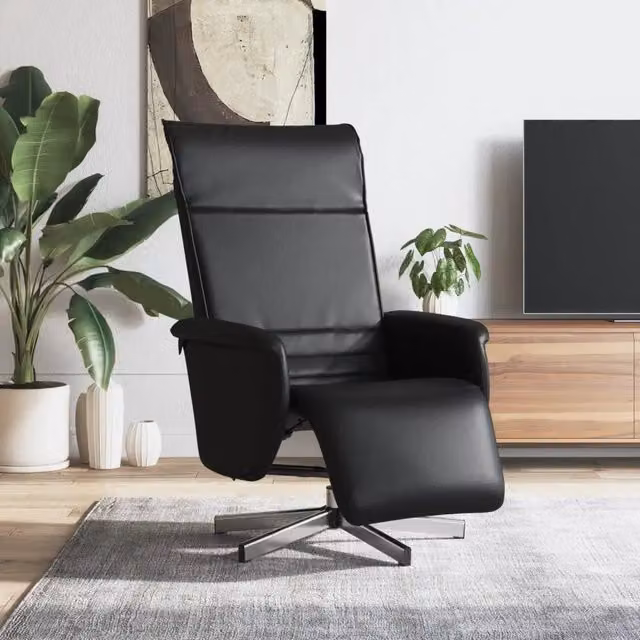 Poltrona Reclinabile con Poggiapiedi Design In in Similpelle Nera con Base Girevole 360 Gradi