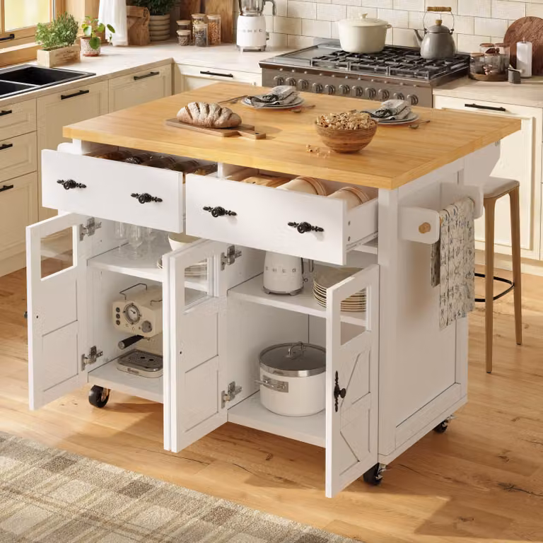 okwish Isola da cucina multifunzionale, carrello da cucina con ampio spazio di archiviazione, Buffetschrank con piano d'appoggio, ripiano in legno e contenitore laterale, bianco