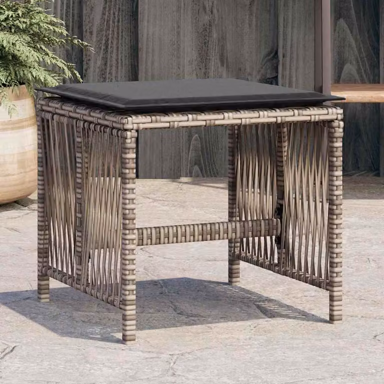 Set di 4 sgabelli da giardino vidaXL in polyrattan grigio con cuscini, L/P/H: 41 x 41 x 36 cm