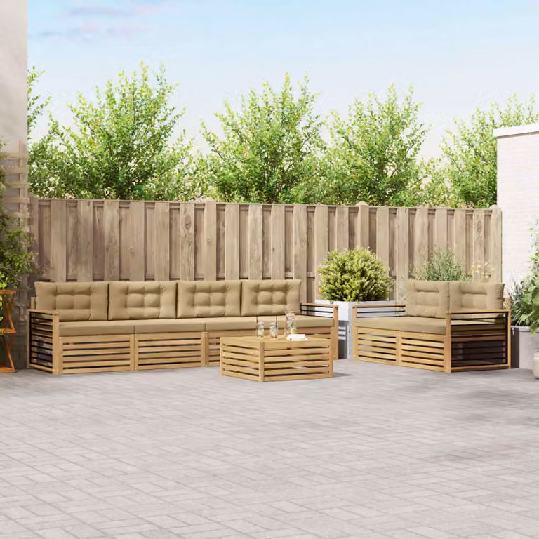 Set di divani da esterno vidaXL a forma di U composto da 7 pezzi con tavolino da caffè, in legno di acacia e tessuto bianco e beige