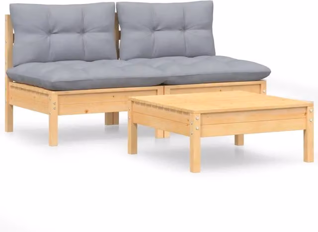 Set Divani da Giardino 3 pz | Set Salotto da Giardino con Cuscini Grigi Massello di Pino