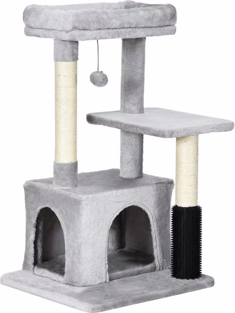 Albero Tiragraffi per Gatti PawHut Multilivello con Casetta, Amaca e Giocattoli Integrati, Rivestimento in Peluche, Grigio – 1