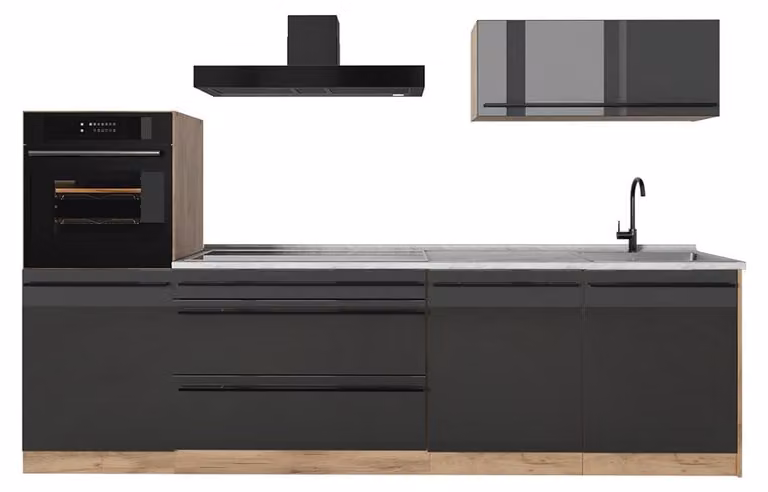 Cucina componibile Vicco R-Line Antracite lucido/Rovere dorato 280 cm piano di lavoro Marmo, Model 66483