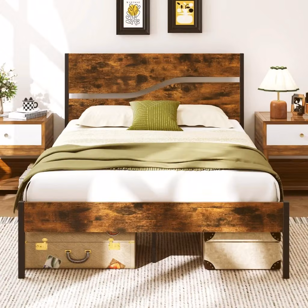 Letto piattaforma in stile industriale Design Mania con testiera e pediera in legno e metallo, Marrone e Nero, L/P/H: 200 x 140 x 100,5 cm – 2