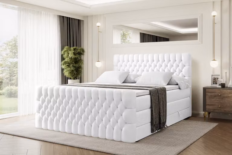 Letto boxspring ALTDECOR con pediera, 2 materassi e topper - 180x200 cm - SERENE-Z KING - Pelle finta bianca - Letto imbottito con materassi H3 e H4, contenitore e rete a doghe, letto con spazio contenitivo