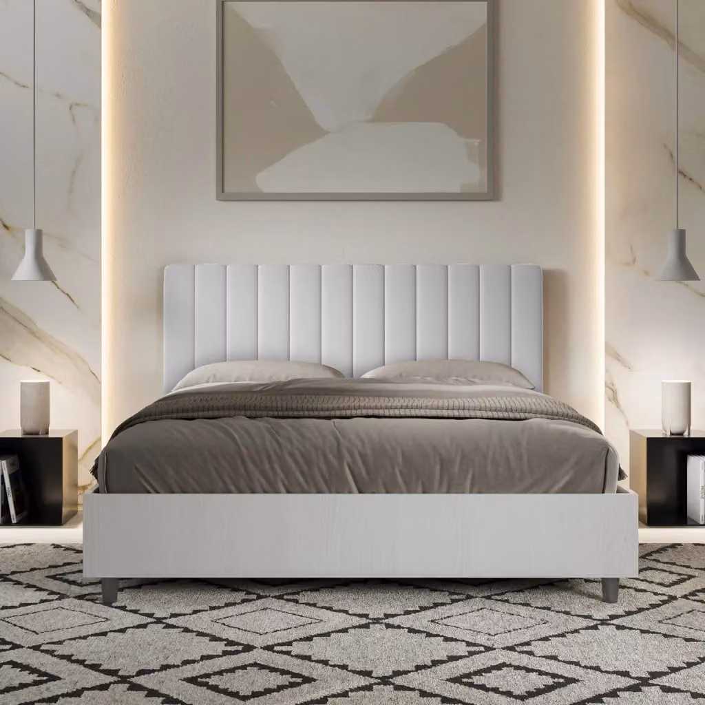 Letto Matrimoniale con Contenitore a Alzata Giordanoshop, Struttura Bianco Frassico e Testata in Similpelle, L/P: 160 x 200 cm – 2