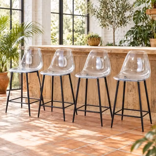 Sgabello da bar moderno Mivray con seduta trasparente in plastica e struttura in metallo nero per cucina e sala da pranzo