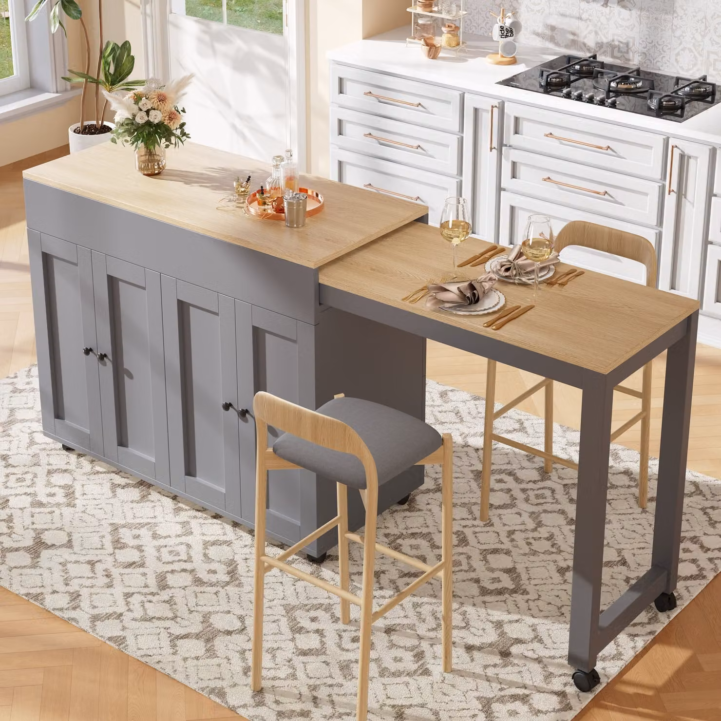 Flieks tavolo da bar tavolo da pranzo allungabile, isola da cucina con rotelle, tavolo da cucina multifunzionale tavolo da sala da pranzo con spazio di archiviazione, carrello da cucina carrello di servizio, grigio
