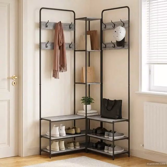 Appendiabiti con panca e portascarpe stile industriale vidaXL in legno e metallo grigio L: 130 cm, P: 30 cm, H: 199,5 cm