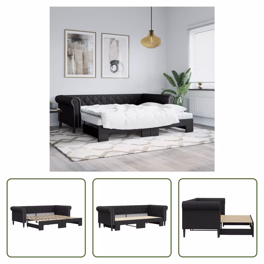 The Living Store letto da giorno allungabile nero 90x200 cm in ecopelle