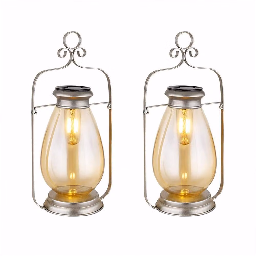 2 lampade solari a LED, lanterna, argento, vetro ambrato, IP44, H 36,5 cm