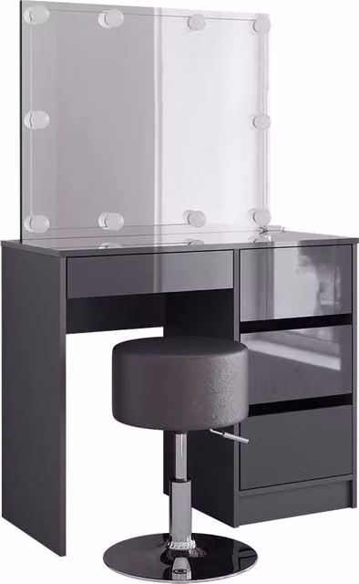 Tavolo da toeletta Sherry Antracite lucido 90 cm con specchio, catena luminosa LED e sgabello Vicco