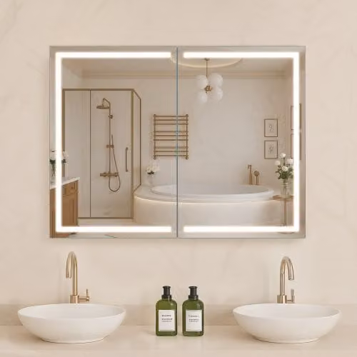 Armadietto per medicinali Vevor con specchio e illuminazione LED integrata, modello da incasso o da parete per bagno, L: 60 cm, H: 80 cm, colore argento