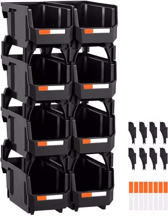 Contenitore impilabile in plastica, 27,7 x 14 x 13 cm, confezione da 8 pezzi, contenitori robusti per l'archiviazione di abbigliamento, articoli da ufficio e piccoli oggetti, colore nero
