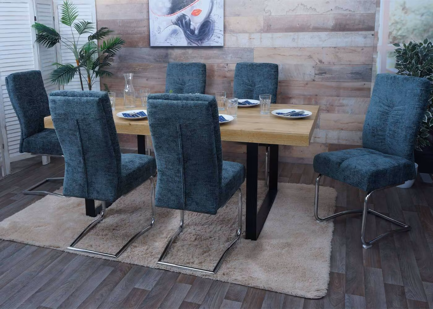 Set da 6 sedie da sala da pranzo MCW-G56, sedie da cucina a sbalzo, sedie con schienale, metallo e tessuto/ciniglia ~ blu-verde