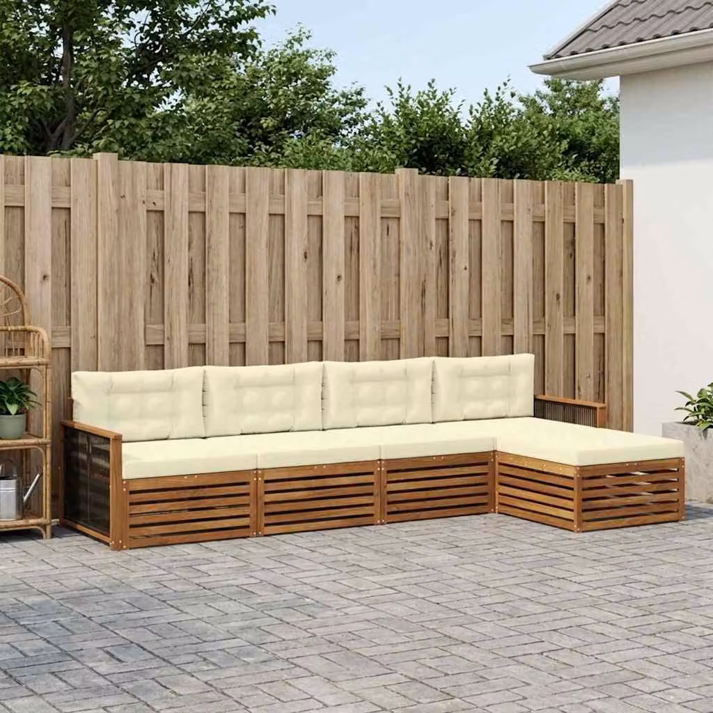 Set di divani da esterno vidaXL 5 pz a forma di L in legno di acacia con cuscini beige e bianchi