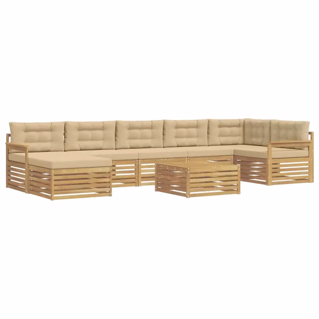 Set di divani da esterno a L vidaXL in legno di acacia con cuscini, tavolino e pouf, Bianco e Beige – 2