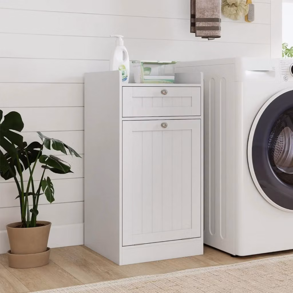 Mobiletto da bagno indipendente Design Mania con cesto per la biancheria, Bianco opaco, H: 80.0 cm, L: 40.5 cm, P: 40.0 cm – 2