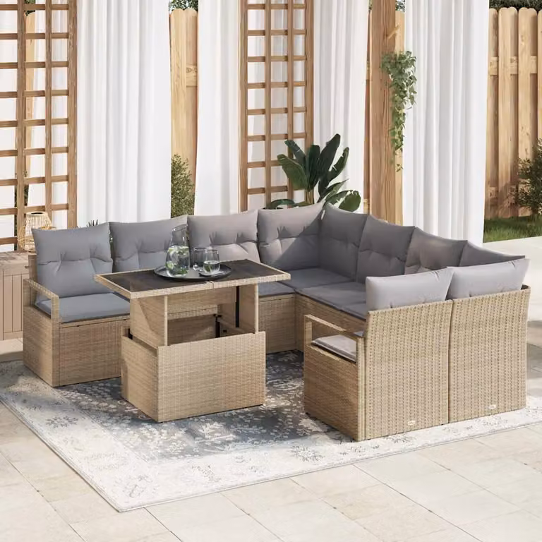 Set Divano da Giardino vidaXL 9 Pezzi con Tavolino, Design Moderno a L, Colore Grigio e Beige, Struttura in Acciaio Verniciato a Polvere e Cuscini Inclusi