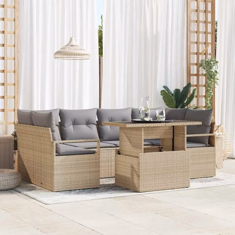 Set Divano da Giardino vidaXL a forma a U composto da 7 pezzi con tavolino e cuscini, colore beige e grigio, in rattan e metallo per esterno