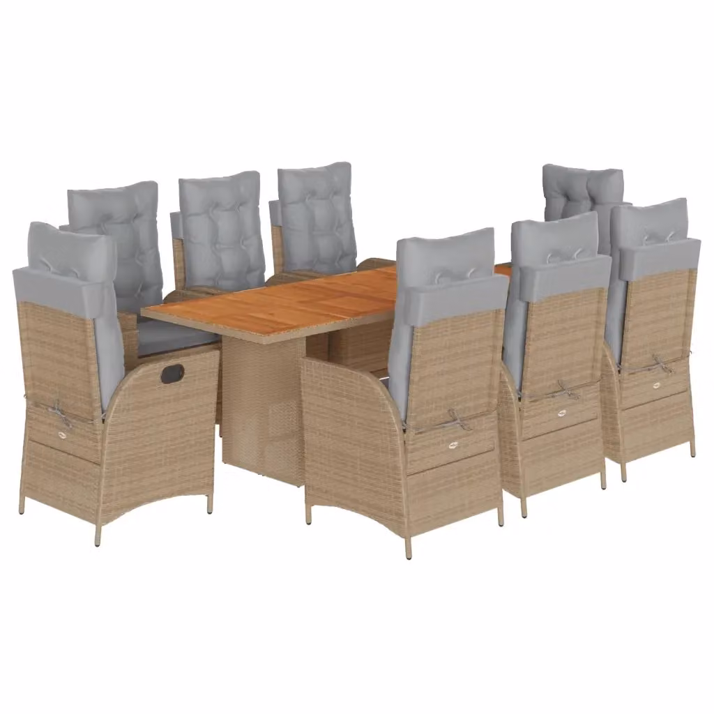 Set Pranzo da Giardino vidaXL in Polyrattan e Legno di Acacia con 9 Sedute e Cuscini Beige e Grigio – 2