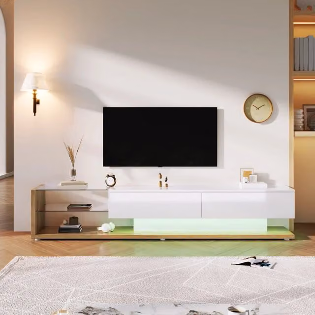 Mobile TV in truciolato bianco lucido con dettagli in legno, LED regolabile, 170x38x36 cm