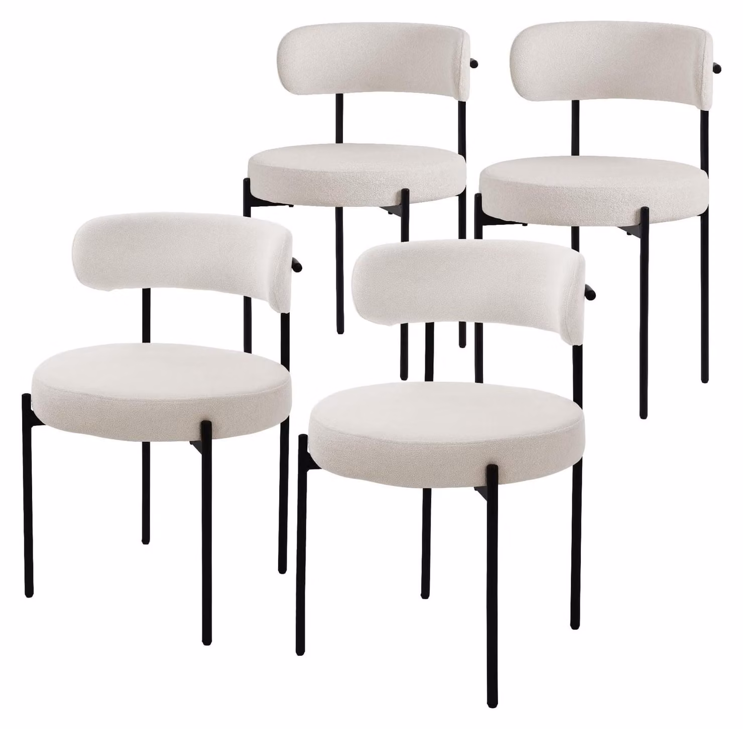 Sedia da pranzo - Set di 4 - Rivestimento in tessuto teddy - Bianco - Gambe in metallo nere - Sedia da soggiorno