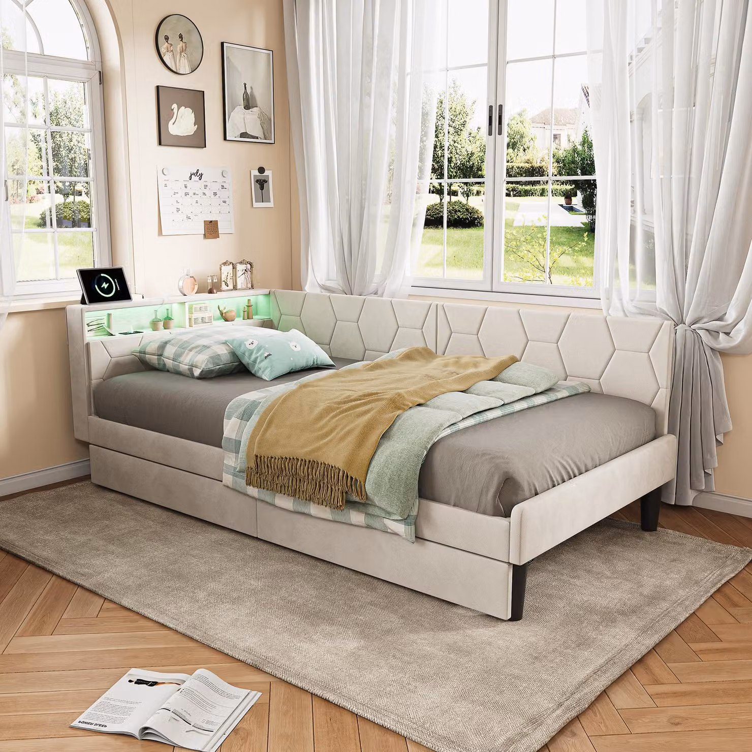 ProximaX Pratico letto imbottito 90x200 cm con cassetti contenitori e morbido velluto, ideale per camere degli ospiti e camerette, in beige