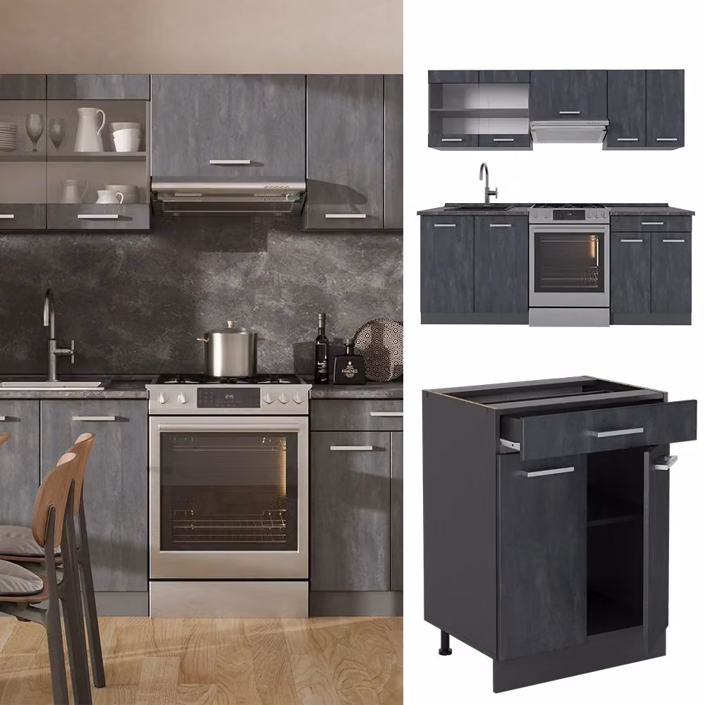 Mobile da cucina moderno R-Line Vicco, Calce nera e Antracite, L: 200 cm, P: 60 cm, H: 81,6 cm – 2