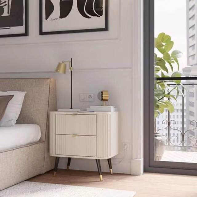 Comodino DMORA con 2 cassetti in legno, colore beige cashmere, L/P/H: 40 x 59 x 60 cm
