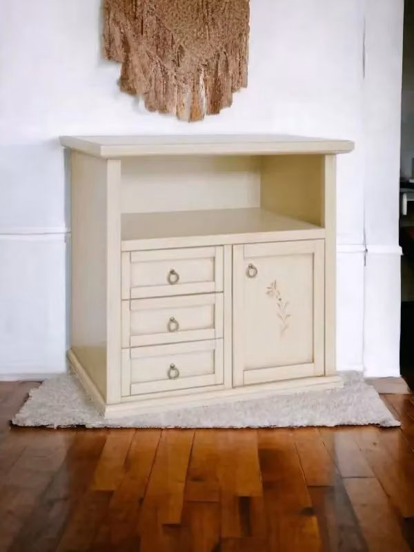 Porta TV Mobili 2G in legno stile shabby chic color bianco e beige con 1 anta e 3 cassetti L: 84 cm, P: 40 cm, H: 80 cm – 2