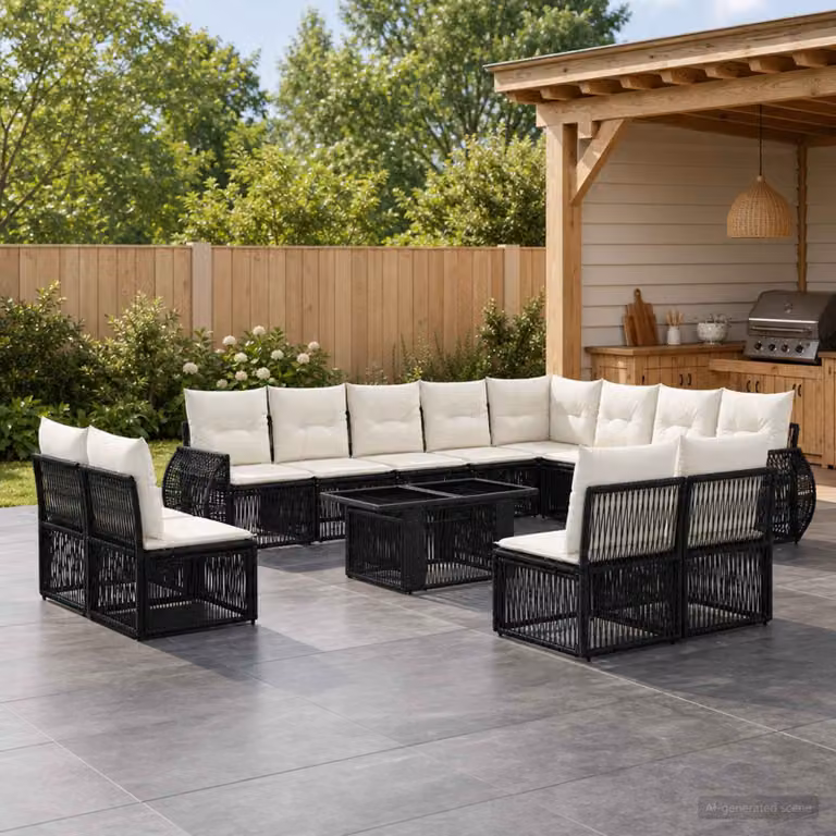 Set Divano da Giardino vidaXL in Polyrattan Nero e Bianco Crema con Cuscini e Tavolino da 13 Pezzi