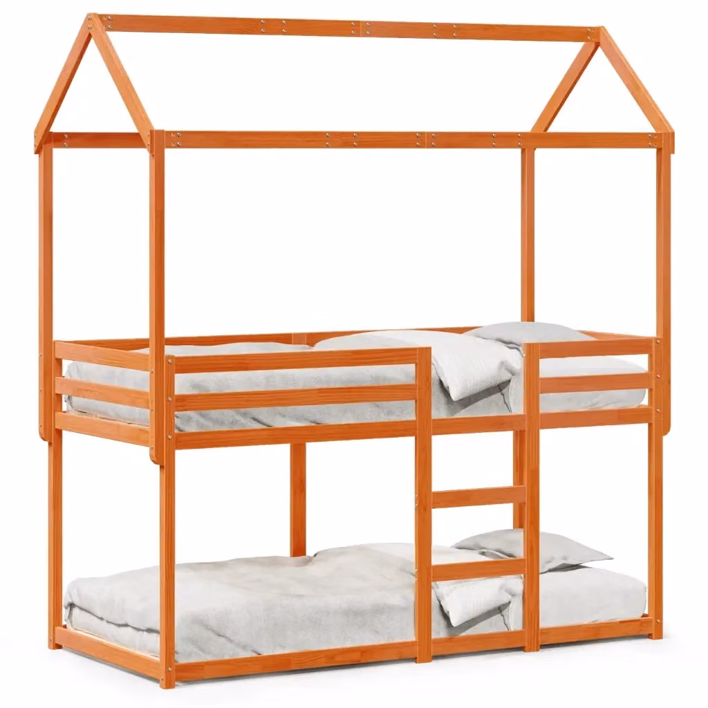 Letto a castello per bambini vidaXL in legno massello di pino marrone cera con struttura a casetta L/P/H: 195.5 x 90 x 112 cm – 2