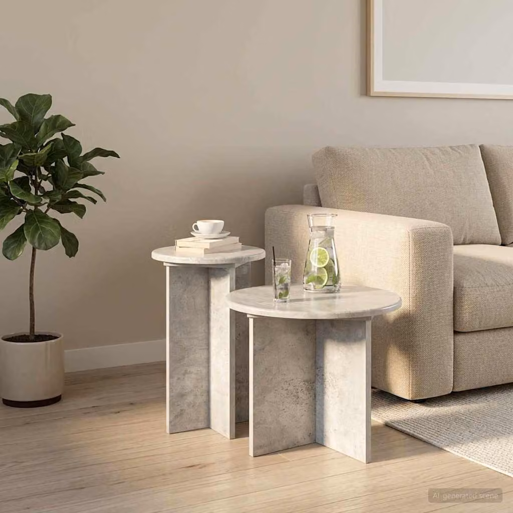 Set di 2 tavolini rotondi vidaXL in stile moderno, colore grigio cemento, con piano in materiale composito e finitura opaca, Ø 45 x H 35 cm
