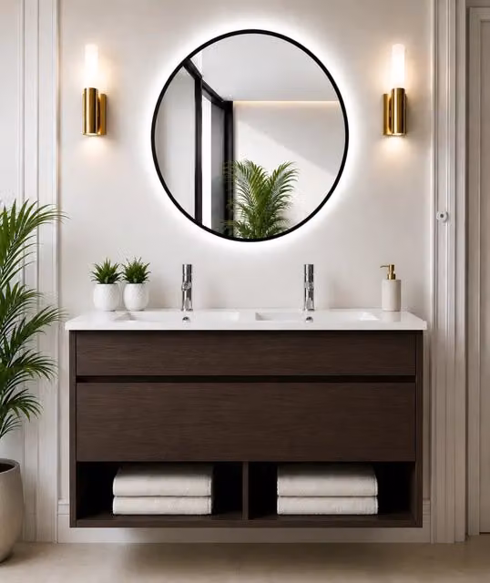 Mobile bagno sospeso con lavabo ORIGENBATH NEBARI con cassetto 120x45 cm doppio lavabo frassino tea